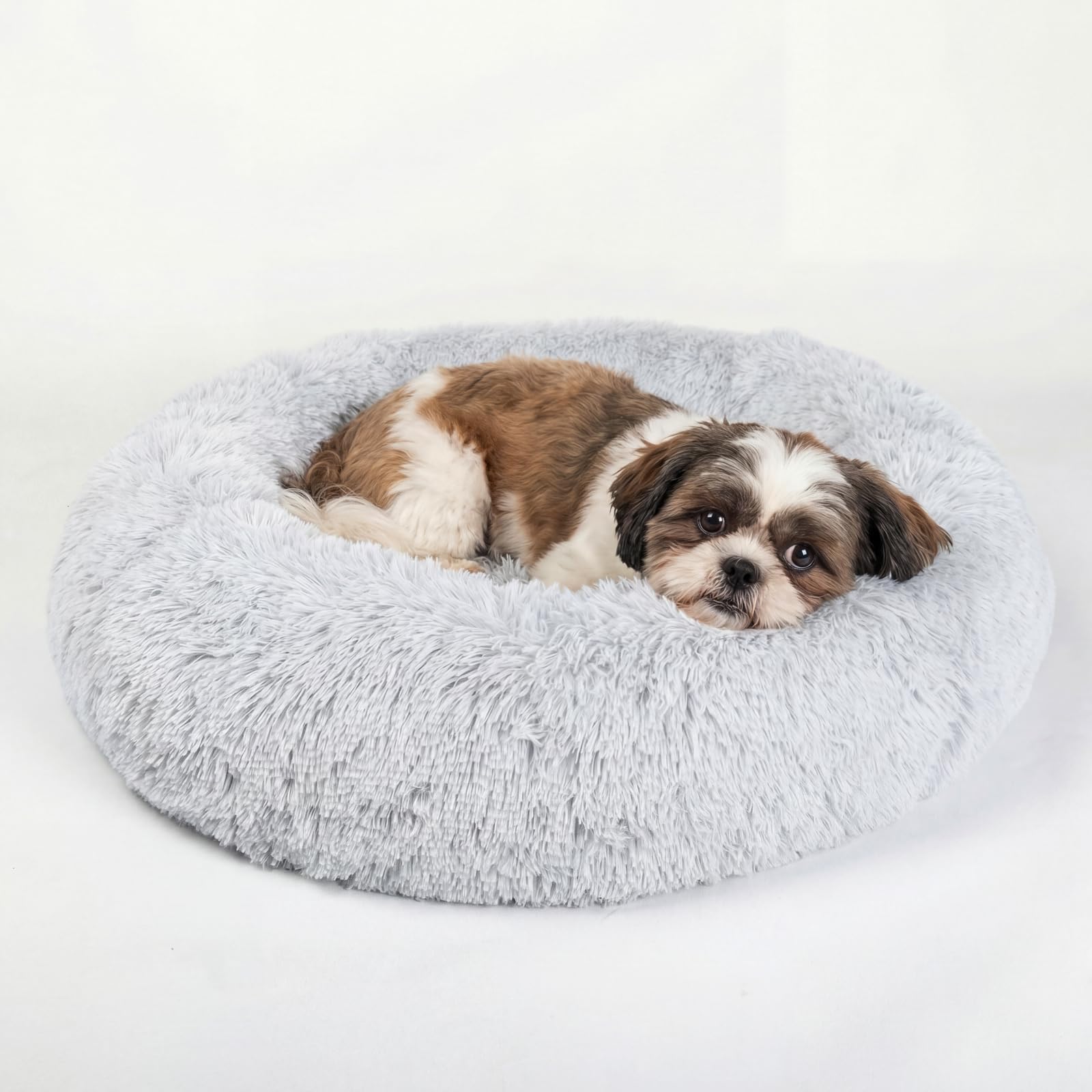 Calming Donut Dogs Beds for Small Dogs Washable,23inch Plush Round Pet Bed for Cozy Sleep,Fluffy Faux Fur Large Cat Bed,Fits up to 25 lbs Pets,Frost Grey