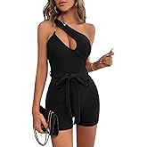 WDIRARA Women's Cut Out Ring Linked Belted Romper One Shoulder Sleeveless Short Jumpsuit