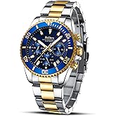 BIDEN Mens Watches Chronograph Gold Blue Stainless Steel Waterproof Date Analog Quartz Watch Business Casual Fashion Wrist Watches for Men