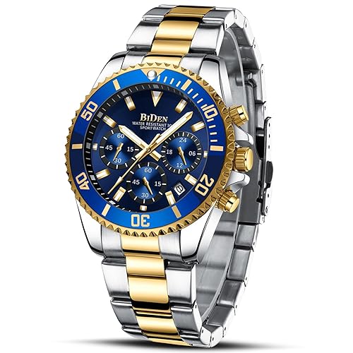 BIDEN Mens Watches Chronograph Gold Blue Stainless Steel