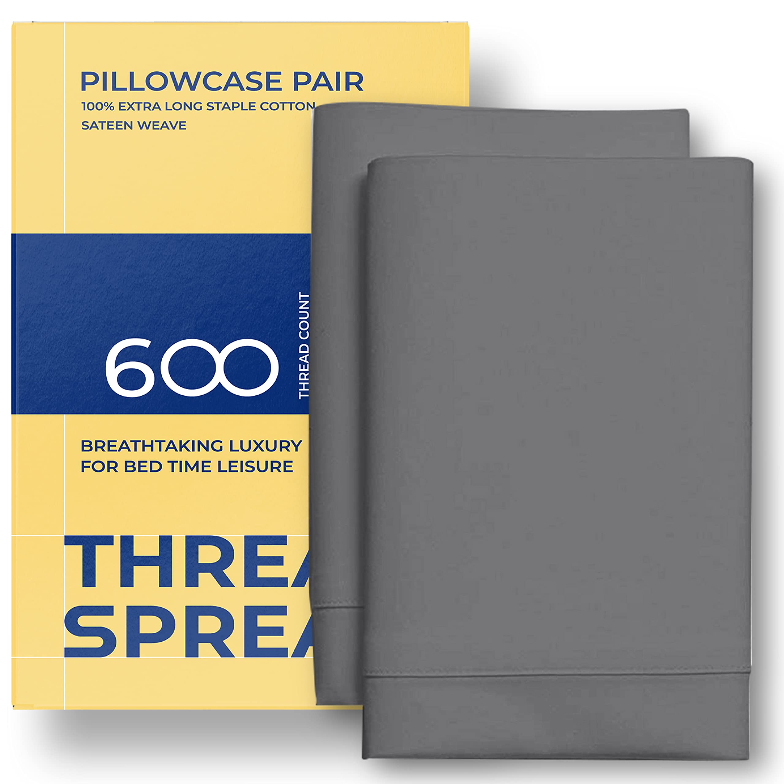 Photo 1 of THREAD SPREAD 100% Egyptian Cotton Pillow Cases - 600 Thread Count Pillow Cases Queen/Standard Size Set of 2, Soft, Breathable Extra Long Staple Sateen Weave Cotton Pillow Covers for Bed - Dark Grey