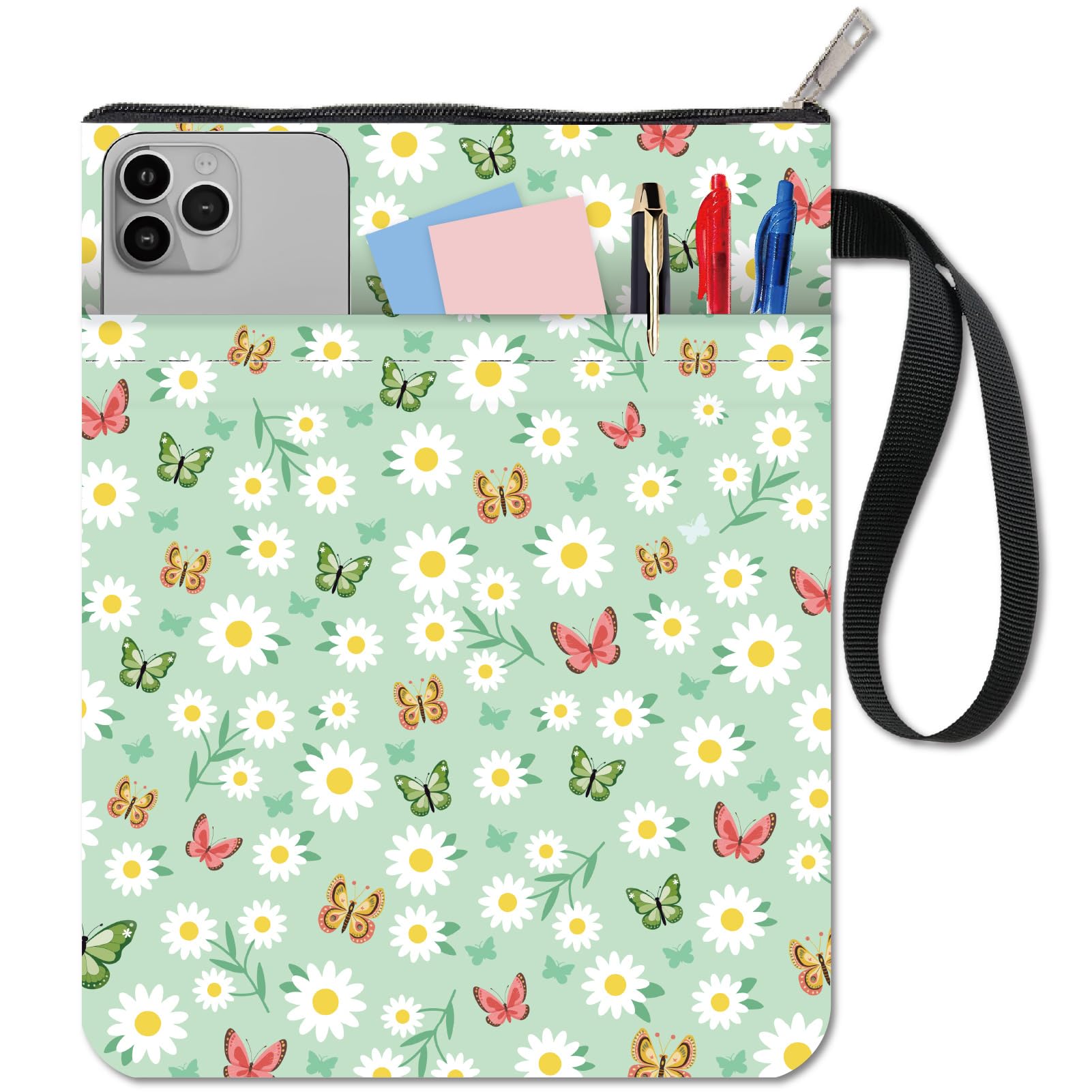 CRASPIRE Book Sleeve Book Cover with Zipper and Extra Sleeve Daisy Green Floral Flower Protector Pouch for Paperbacks Book Lovers Washable Fabric Cloth Pocket for Classmate Friend Gifts