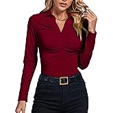 LYANER Women's Rib Knit Collar Deep V Neck Ruched Buttons Long Sleeve Bodysuit Leotard Top