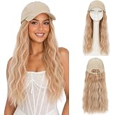 SEGO Hat Wigs, Hat with Hair Attached for Women Beige 18" #18P613 | Light Blonde Mix White Blonde, Soft Denim Cap Wigs Long Wavy Curly Adjustable Baseball Cap With Hair Extensions