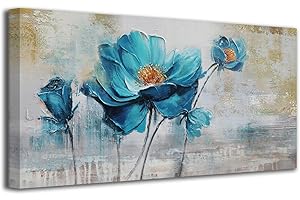 Anolyfi Large Blue Flowers Canavs Wall Art Abstract Lotus Textured Painting Elegant Florals Picture Modern Grey Artwork Framed for Living Room Bedroom Bathroom Kitchen Office Home Decor 40"x20"