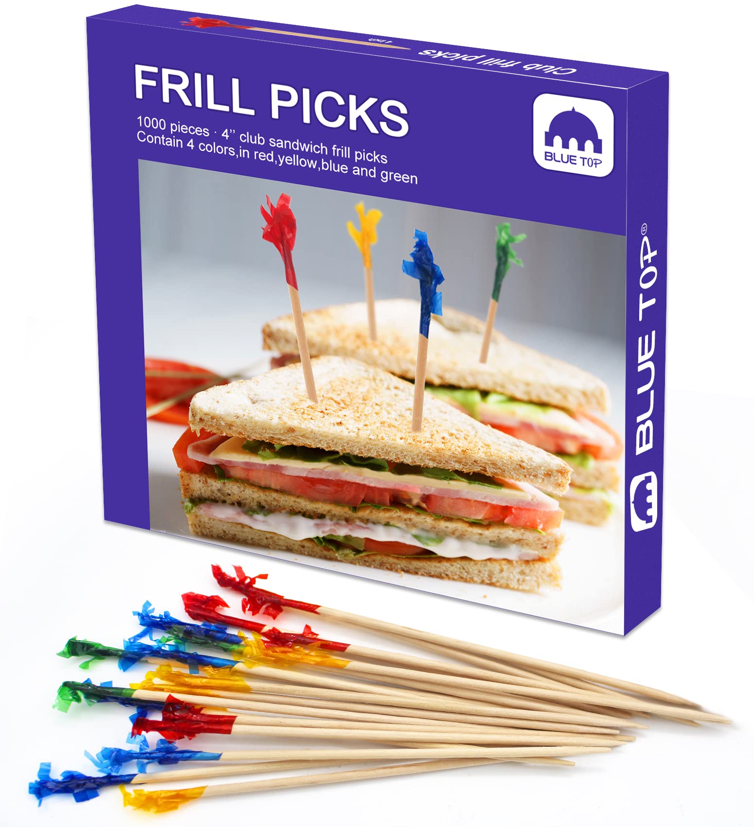 BLUE TOP Wood Frill Picks Toothpicks 4 Inch Pack 1000,Cocktail Party Toothpicks for Fruit,Appetizers,Club Sandwiches,Parties. (Frill Pick 1000 PCS)