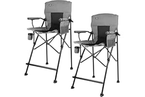 LANMOUNTAIN LANMONTAIN 2 Pack Tall Folding Camping Chairs,30.7'' Seat Height Portable Hard Arm Bar Chairs w/Cup Holder,Side Mesh Pocket and Footrest,Heavy Duty Support 350 Lbs Comfy Director Chairs,Black&Grey