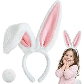 D-Fokes Easter Bunny Ears Headband and Bunny Tail, Bendable White Bunny Ears, Rabbit Ears Headband for Easter Party Cosplay