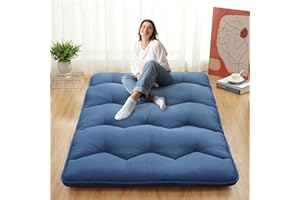 LULUWAY Japanese Futon Mattress, Full Size Foldable Japanese Style Floor Mattress Roll Up, Tatami Mat, Camping Mattress Pad, Navy Blue