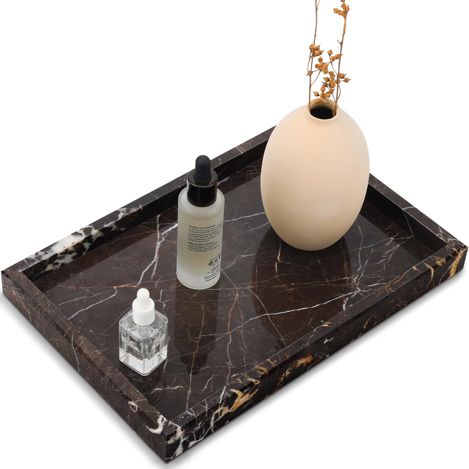 Photo 1 of Zilukar Real Natural Marble Tray for Bathroom, Vanity, Kitchen and Desktop, Rectangle Genuine Marble Stone Tray for Jewelry, Cosmetics, Candles, Lotion, Perfume and Home Decor Brown