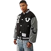 True Religion Men's Boxy Varsity Jacket – Snap Front Bomber Style with Embroidered Logos