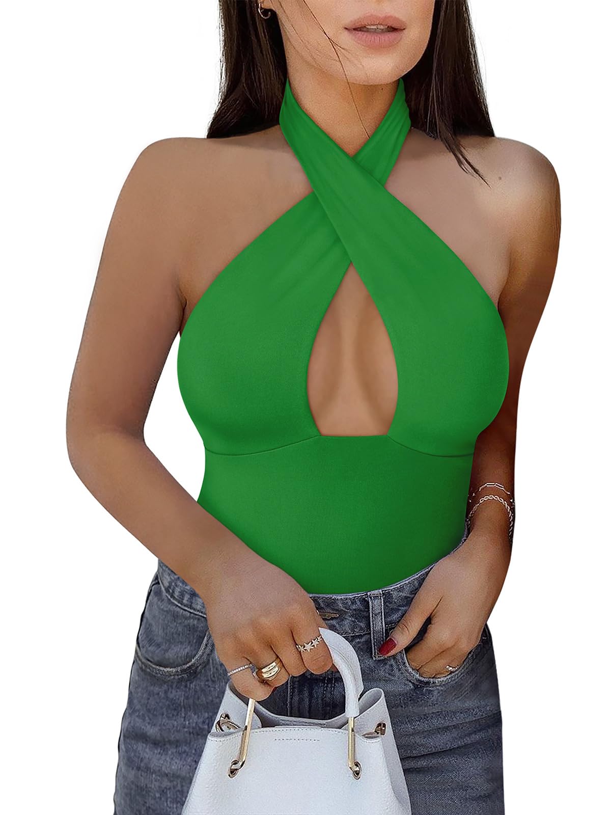 Photo 1 of REORIA Women's Sexy Criss Cross Halter Neck Sleeveless Party Club Night Going Out Thong Bodysuits Tops-Green Medium
