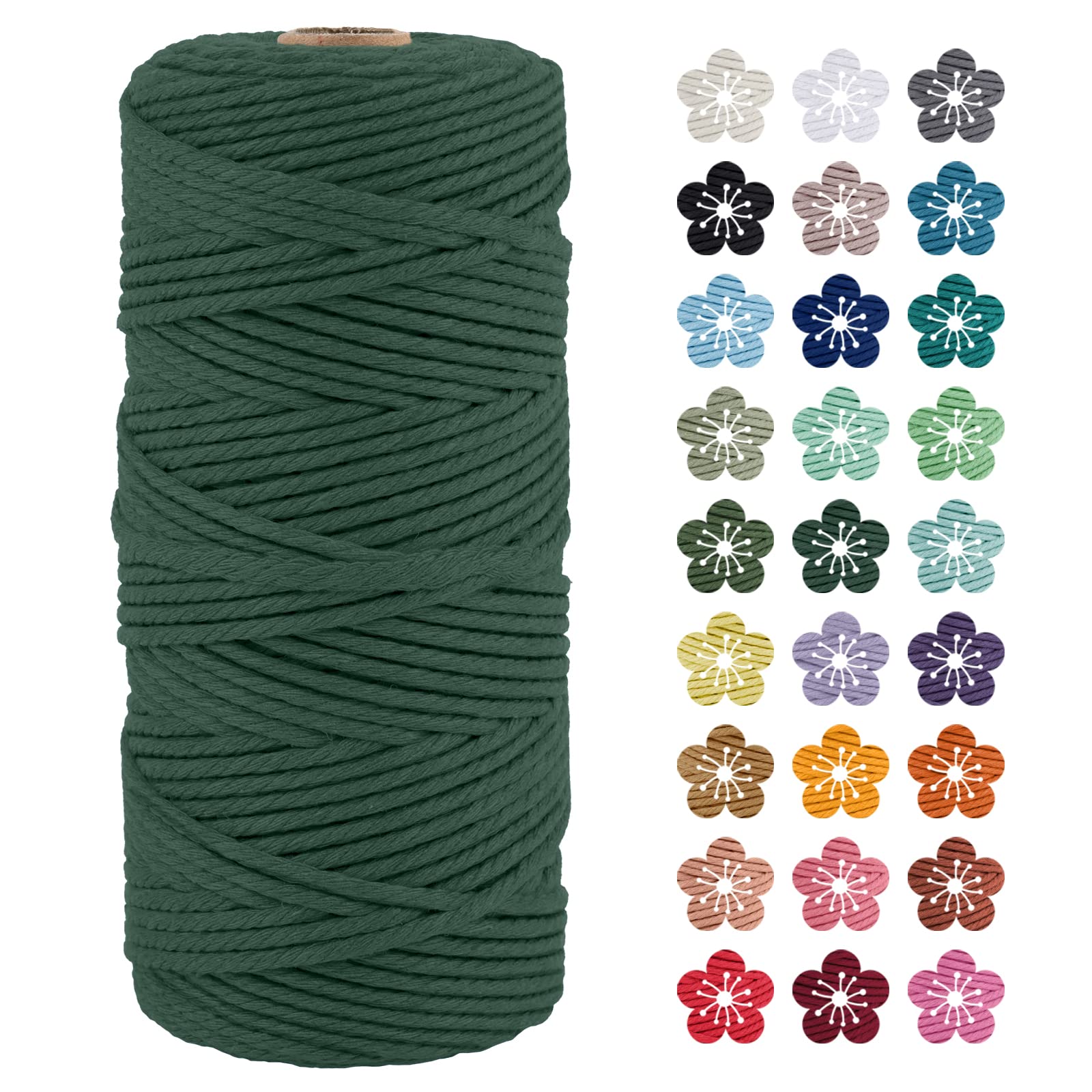 LEREATI Macrame Cord 3mm x 100m, Thick Macrame Rope Natural Cotton Rope Craft String, 4 Strand Twisted Cotton Cord Yarn for DIY Plant Hanger, Wall Hanging, Christmas Decoration (Dark green)