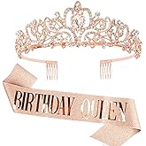 COCIDE Rose Gold Birthday Sash & Birthday Tiara Set - Crowns and Tiaras for Women Decorations Kit Rhinestone Queen Headband for Girl Glitter Crystal Hair Accessories for Party Cake Topper Favors Gift