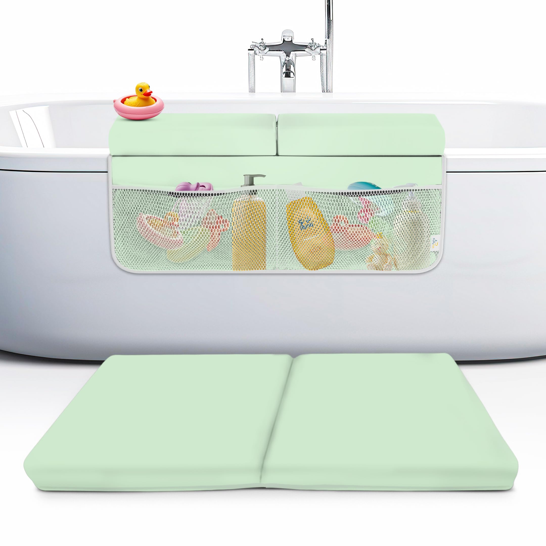 Photo 1 of Memory Foam Bath Kneeler and Elbow Rest Pad Set, 2-Inch Thick, Water-Resistant Mat – Baby Bath Time Essentials Cushion and Bath Kneeling Pad for Bathing Baby with Bathtub Toy Organizer (Mint Green)