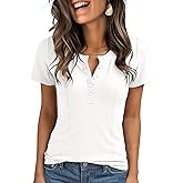 Glamaker Women Summer Henley Top Short Sleeve Button UP Solid Slim Fit Casual T Shirt Blouses 2025