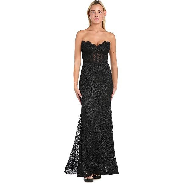 Amazon.com: NIGHTWAY Women's Elegant Glitter Lace Corset Gown W/Scalloped  Bodice, Spaghetti Straps & Draped Satin Slit Skirt Black : Clothing, Shoes  & Jewelry