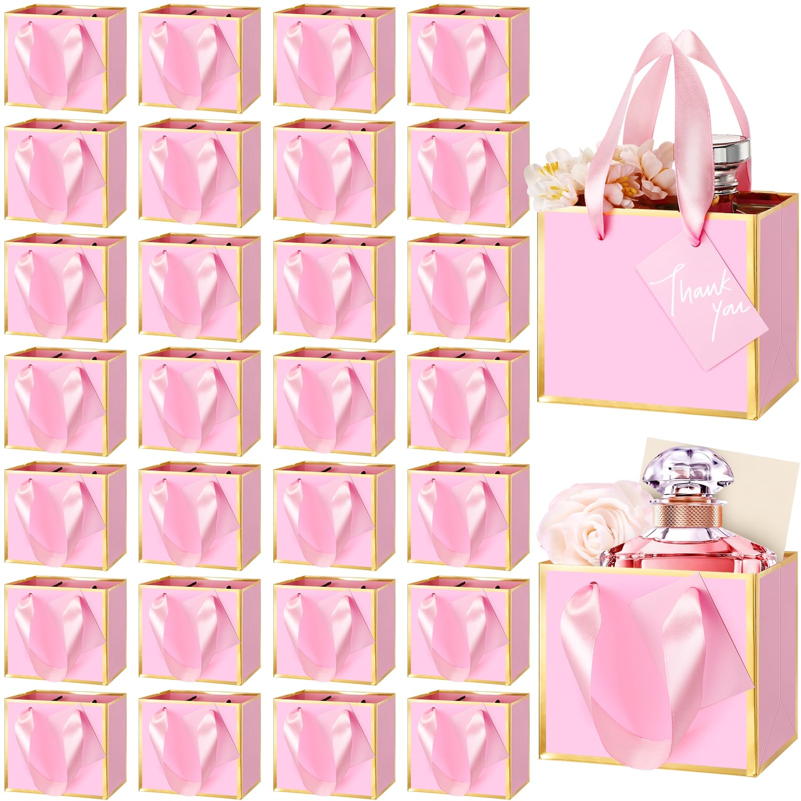 Photo 1 of Yeaqee 50 Pcs Mini Metallic Foil Gift Bags with Handles 4x4.75x2.25'' Tiny Thank You Favor Bag Bulk with Tag for Fall Thanksgiving Halloween Wedding Baby Shower Birthday Party (Pink, Gold)