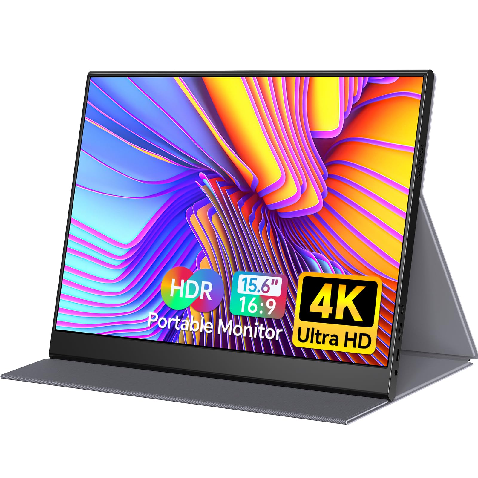 WGK 15.6 inch Portable Monitor 4K UHD 100%sRGB Travel Display HDMI/USB-C Compatible with Laptops, Desktops, Phones, PS, Mac, Xbox, Switch, and Other Gaming Devices Kickstand & Speakers VESA Mountable