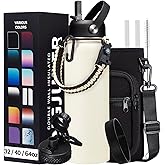 DIGJUPER 40oz Insulated Water Bottle - w/Straw Spout Lid, Bottle Holder with Strap, Paracord Handle, Protective Bottom Boot, Stainless Steel Metal Thermo Jug Flask Cold 48h & Hot 24h, Cream White