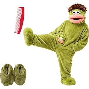 Big Mouth Monster Onesie for Teen Funny Green Soft Plush Jumpsuit with Shoes and Comb Silly Monster Fleece Hooded