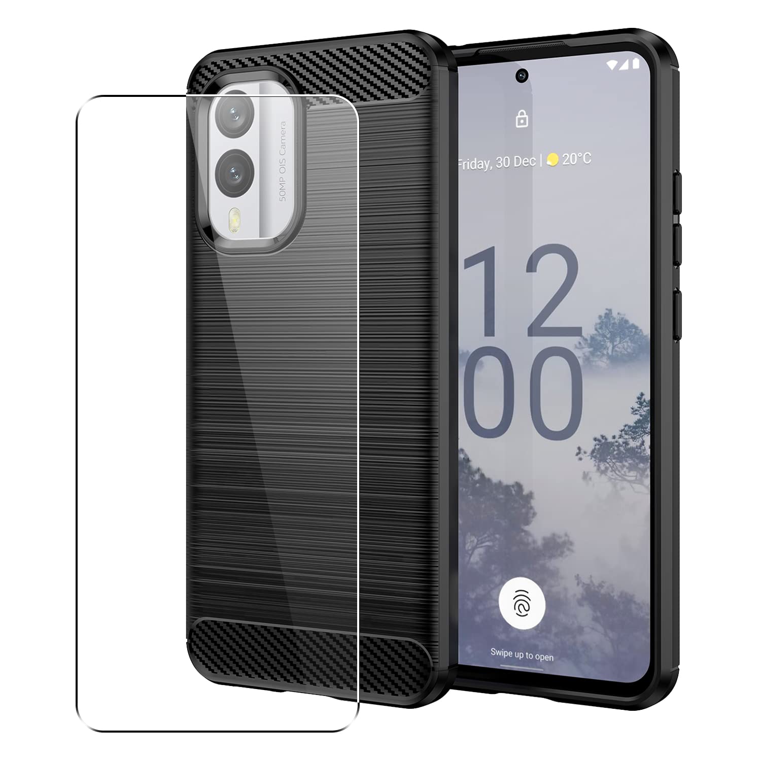 SDTEK Case Compatible with Nokia X30, Full Body Front and Back 360 Protection Carbon Fibre Phone Cover with Tempered Glass Screen Protector