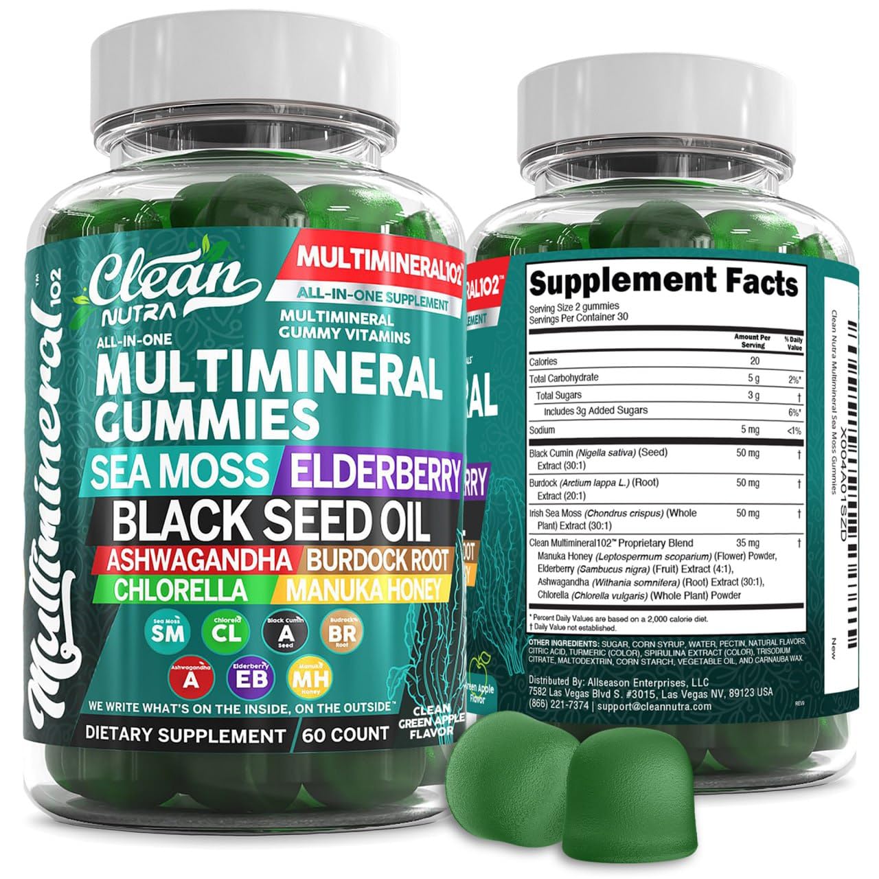 Photo 1 of Sea Moss Gummies | Clinically Tested - Black Seed Oil Ashwagandha Elderberry Burdock Root Chlorella Manuka Honey - Vegan Irish Sea Moss Gummy Vitamins for Adults Kids Men Women - Green Apple Flavor