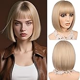 MAYSA Blonde Bob Wig with Bangs for Women, Short Straight Bob Wigs, Synthetic Natural Looking Daily Party Wigs # Gloden Blonde mix Platinum Blonde