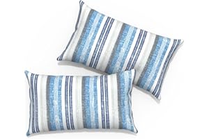 TWLEAR Outdoor Lumbar Pillows 12x20 inch, Rectangle Throw Pillows with Inserts, Decorative Lumbar Cushions for Patio Furniture Garden Couch Home Sofa Office Chair, Pack of 2, Stripe Layered Blue