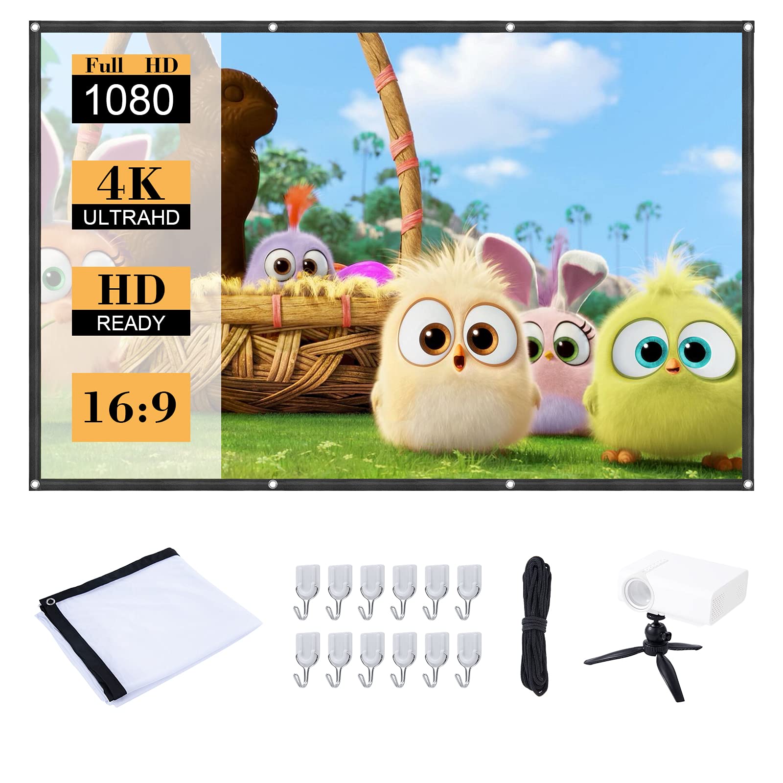 120 Inch Projector Screen & Tripod Bundle, Pack with Home & Outdoor Movie Screen, Camera Tripod, Hooks, Ropes, Portable Retractable Outside Hanging Video Projection Screen HPS120