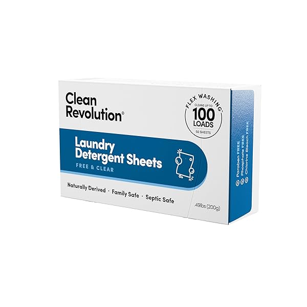 CLEAN REVOLUTION LAUNDRY DETERGENT SHEETS, 50 SHEETS, 100 LOADS OF LAUNDRY, FRAGRANCE FREE, SEPTIC SAFE, DISSOLVES COMPLETELY, USA PRODUCED AND INSPECTED