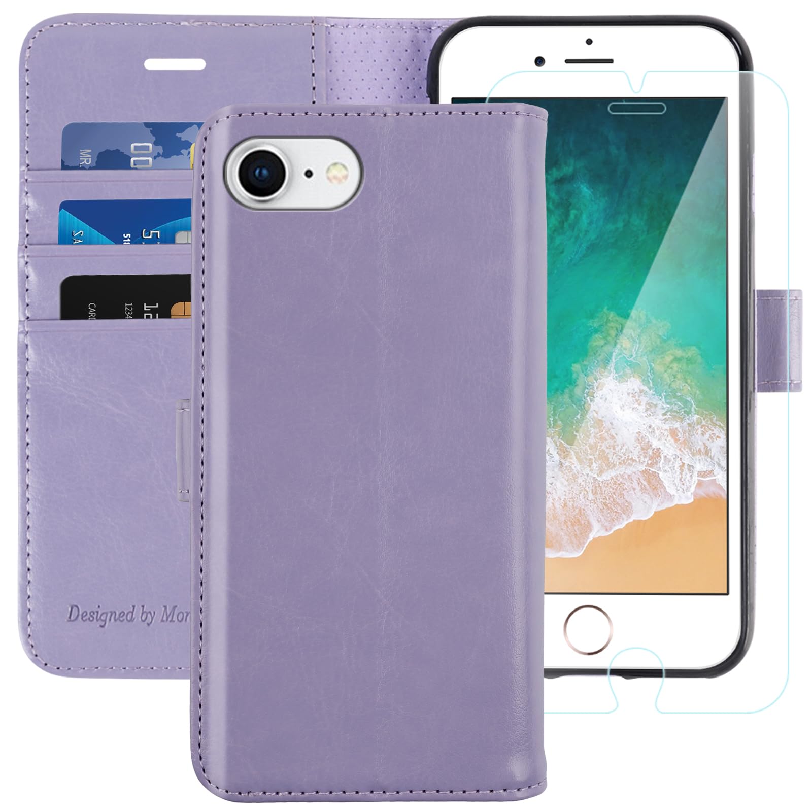 MONASAY iPhone SE 2022/2020 5G Case,iPhone 8 Wallet Case, iPhone 7 Case,4.7-inch, [Glass Screen Protector] Flip Folio Leather Cell Phone Cover with Credit Card Holder for Apple 7/8/SE2/SE3,Lavenders
