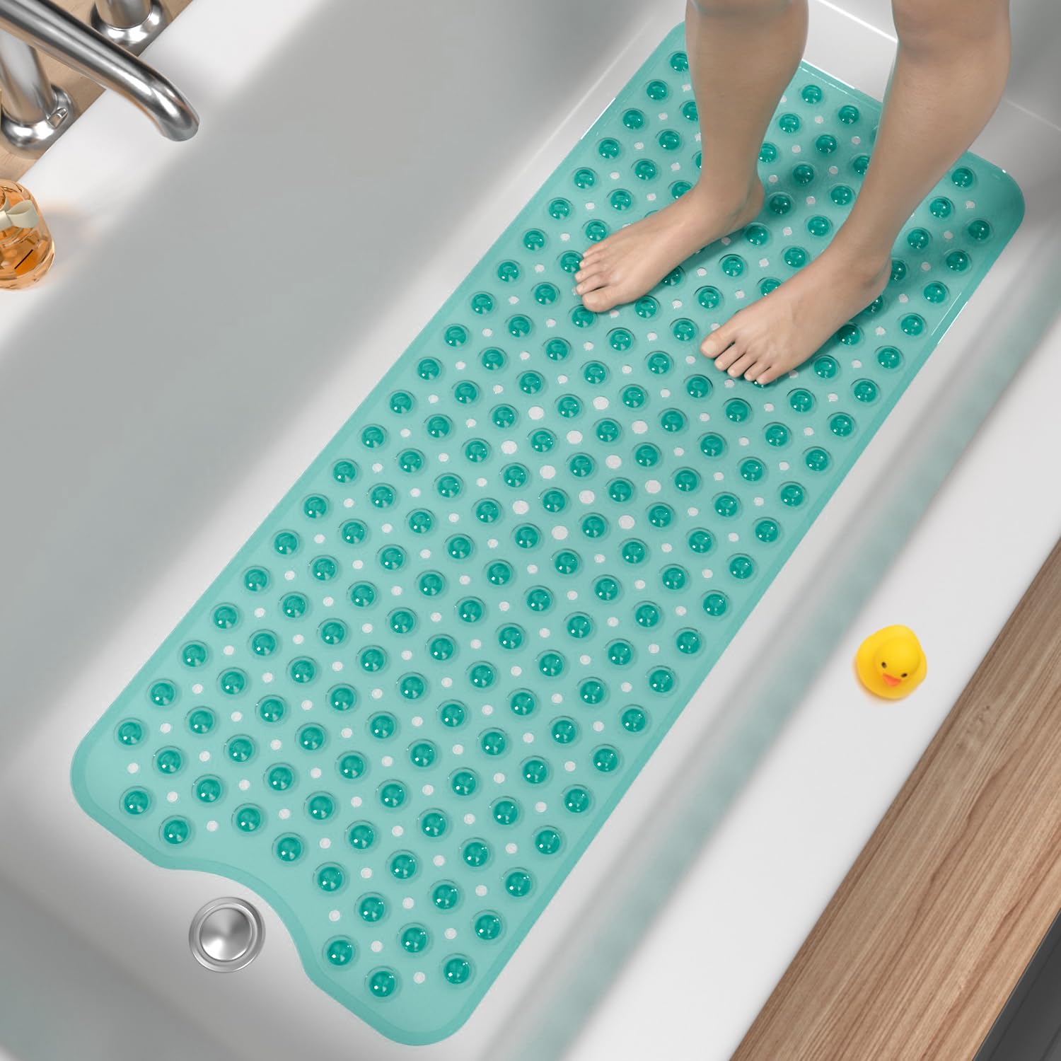 HITSLAM Non Slip Bath Mat for Tub, 101 x 40cm Extra Long Shower Mat Anti Mould, Machine Washable Bathroom Bathtub Mat with Suction Cups and Drain Holes, Soft on Feet, Clear Green