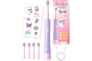 JTF Rechargeable Kids Electric Toothbrush with 2-Minute Timer, 5 Modes & 4 Soft Brush Heads, IPX7 Waterproof & DIY Stickers, 