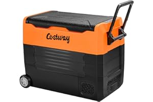 COSTWAY Car Refrigerator with Wheels, 58-Quart Dual-zone Electric Cooler with 12V/24V DC, 100-240V AC, -4°F to 50°F, Portable 12 Volt Refrigerator RV Fridge Freezer for Home Camping Vehicles, Orange