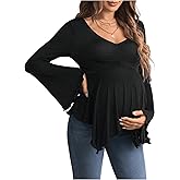 SweatyRocks Women's Maternity V Neck Ruched T Shirts Bell Long Sleeve Ruffle Pregnancy Tops