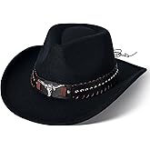 Classic Western Cowboy Hat Cowgirl Hat Unisex Men's & Women's Wide Brim Felt Fedora Hat Flat Top with Buckle Belt