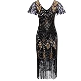 Vijiv Women's 1920s Gatsby Inspired Sequin Beads Long Fringe Flapper Dress with Sleeves