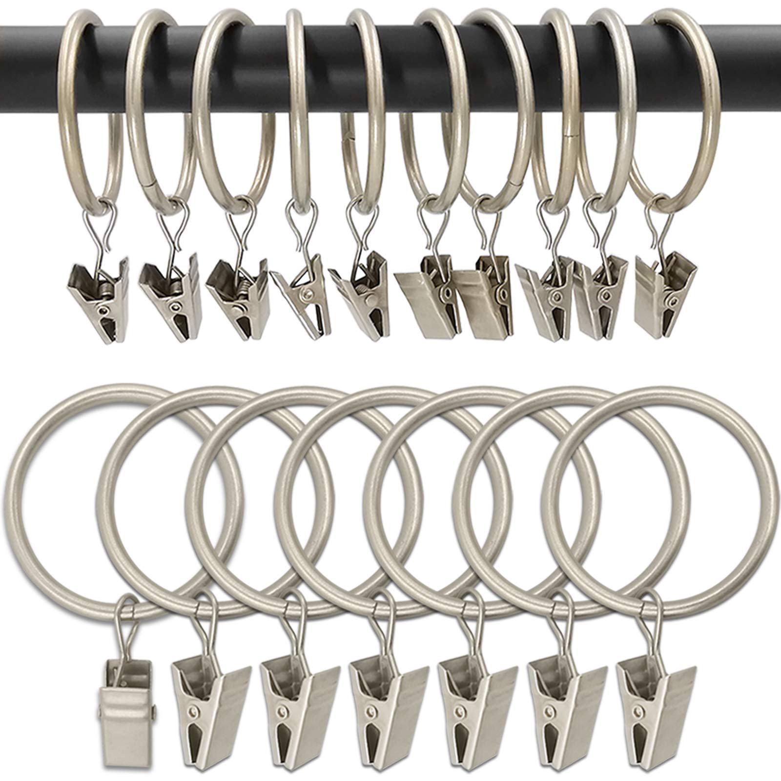 AMZSEVEN 100 Pack Metal Curtain Rings with Clips, Drapery Clips Hooks, Decorative Curtain Rod Clips 1.5 in Interior Diameter, Matte Silver