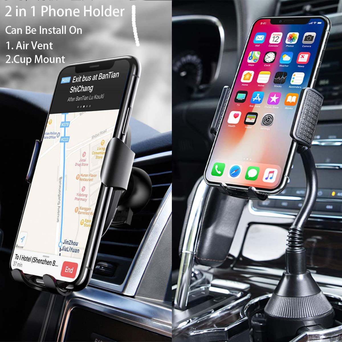 Denmer Cell Phone Cup Holder for Car, Cup Holder Phone Mount Cradle Mount Compatible for iPhone XR/XS/Max/X/8/8 Plus/7/7 Plus, Samsung S10/S10e/S9+/8/8 Black