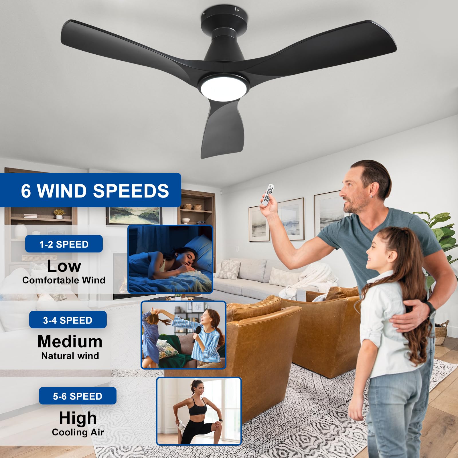 Depuley 42-Inch Ceiling Fans with Lights: Black 3 Blade Flush Mount Low Profile Ceiling Fan for Bedroom - Dimmable Indoor Outdoor Fan with Remote APP Control Ultra Quiet DC Motor Timer