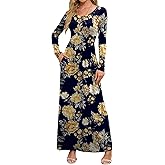 DEARCASE Women's Maxi Dress Long Sleeve Crewneck Loose Plain Casual Empire Waist Fall Party Long Dresses with Pockets