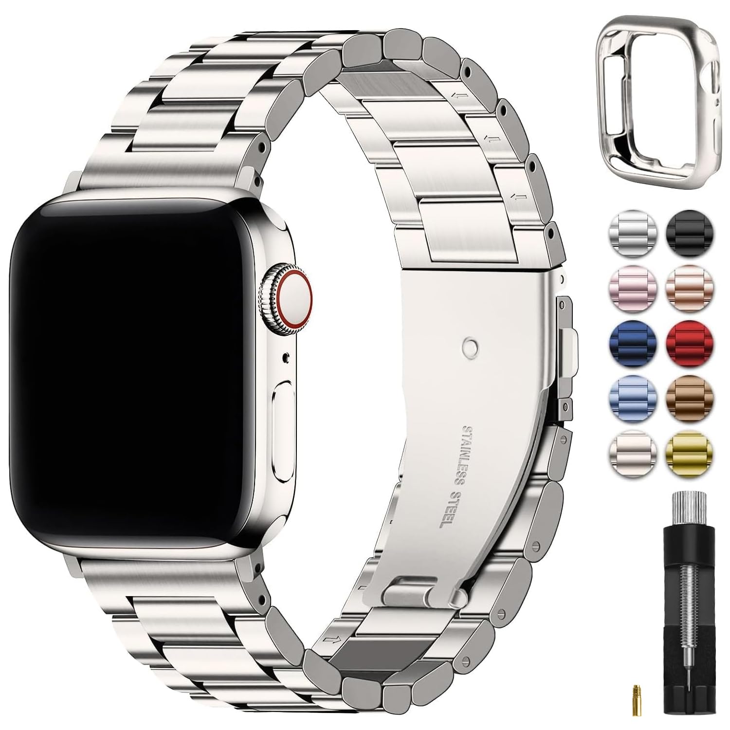Fullmosa Compatible with Apple Watch Straps 45mm 44mm 42mm, Metal Stainless Steel Replacement Bands for iWatch SE 3 2 1/Series 9/8/7/6/5/4/3/2/1, Starlight & Protective Case — image 1