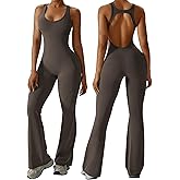 OEAK Womens Flare Jumpsuit with Bra Tummy Control Cutout Romper Workout Outfit Sleeveless Unitard One Piece Backless Bodysuit