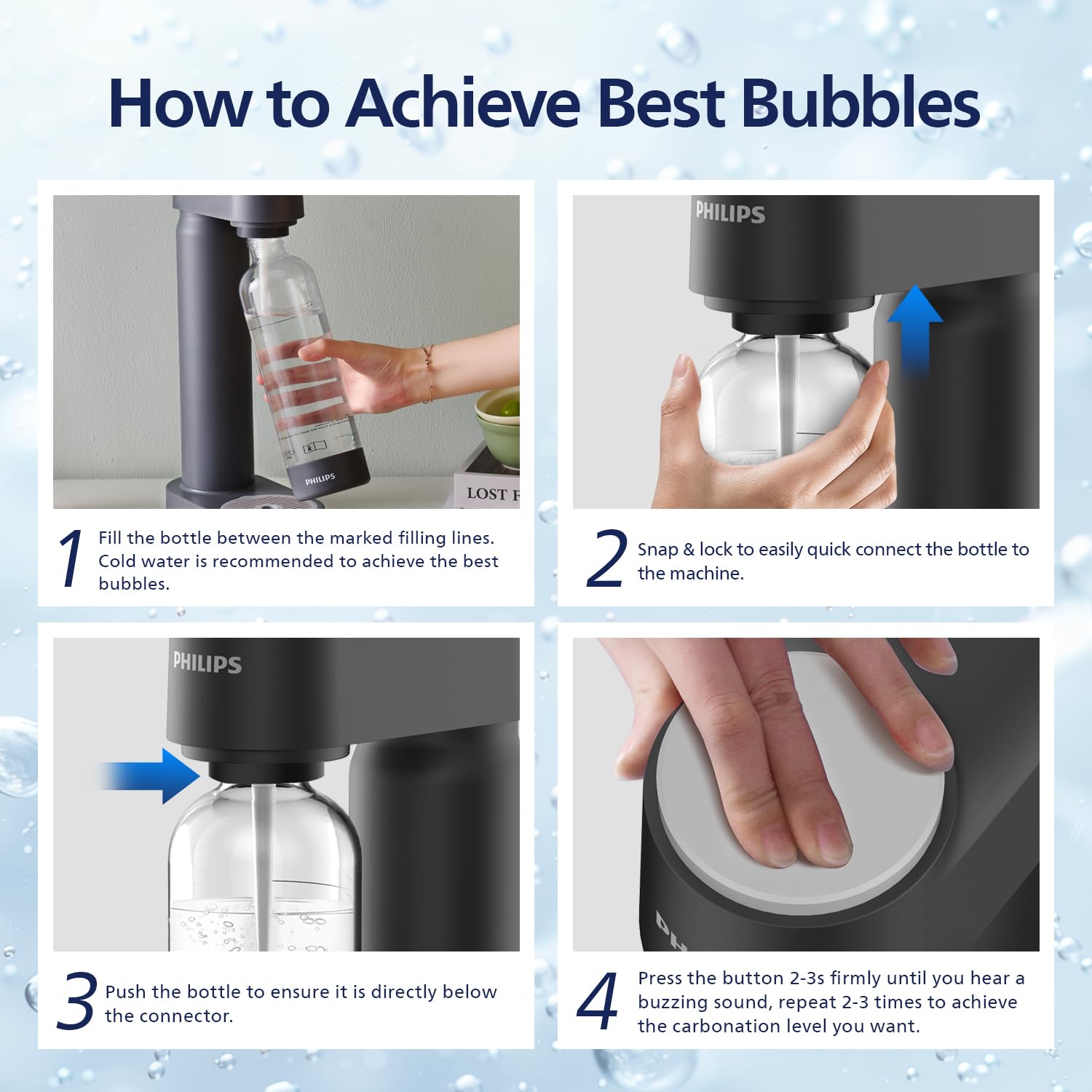 PHILIPS Sparkling Water Maker Soda Maker Soda Streaming Machine Quick Twist for Easy Install, 1L Carbonating Bottle, Soda Water Maker, Compatible with 60L CO2 Carbonator(NOT Included), ADD4901BKOQ/37