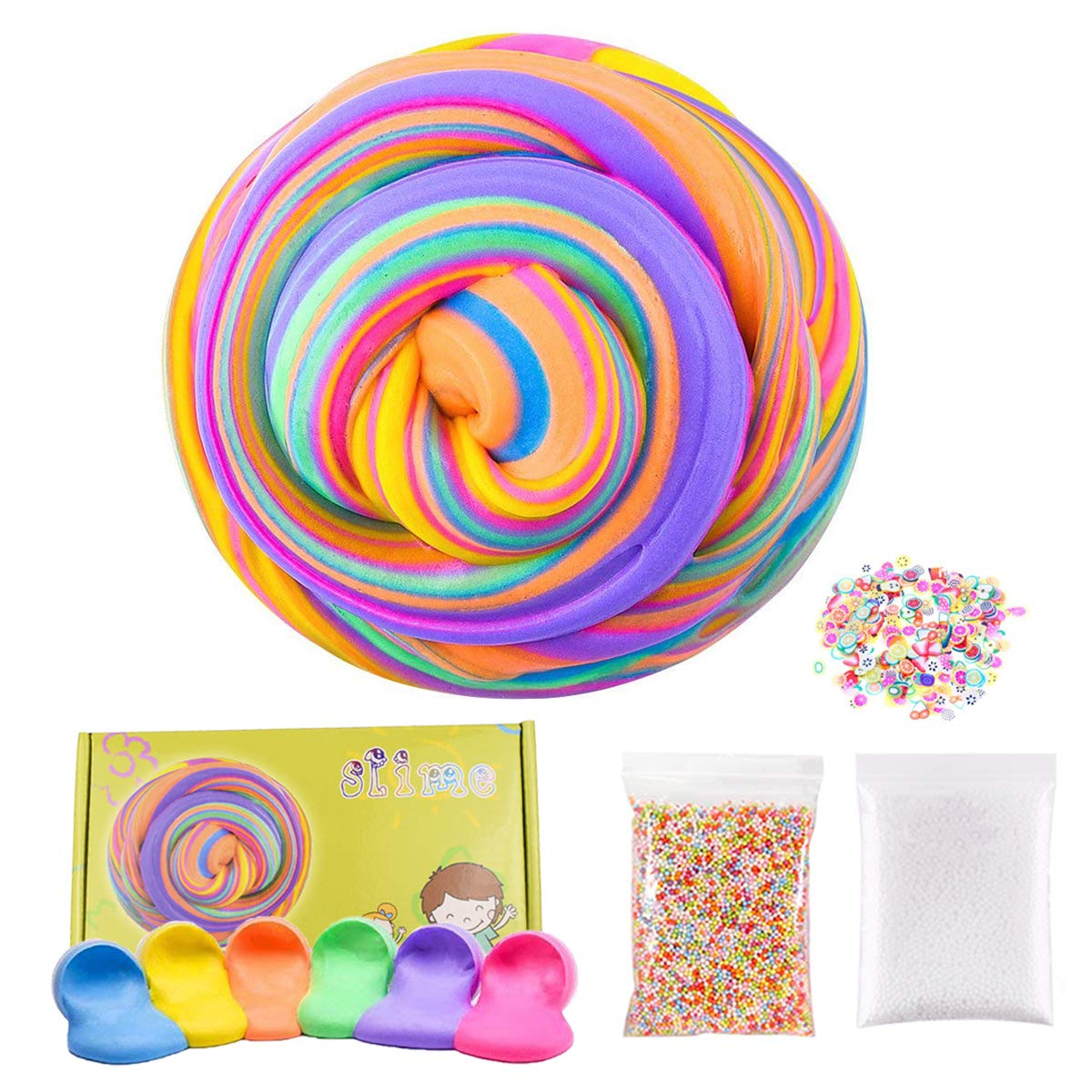 BSTYU Fluffy Slime Kit, 12 OZ Soft Slime With Foam Beads and Fruit Slice, Non Sticky without Borax Stress Relief Toy for Kids and Adults (6 Pack)