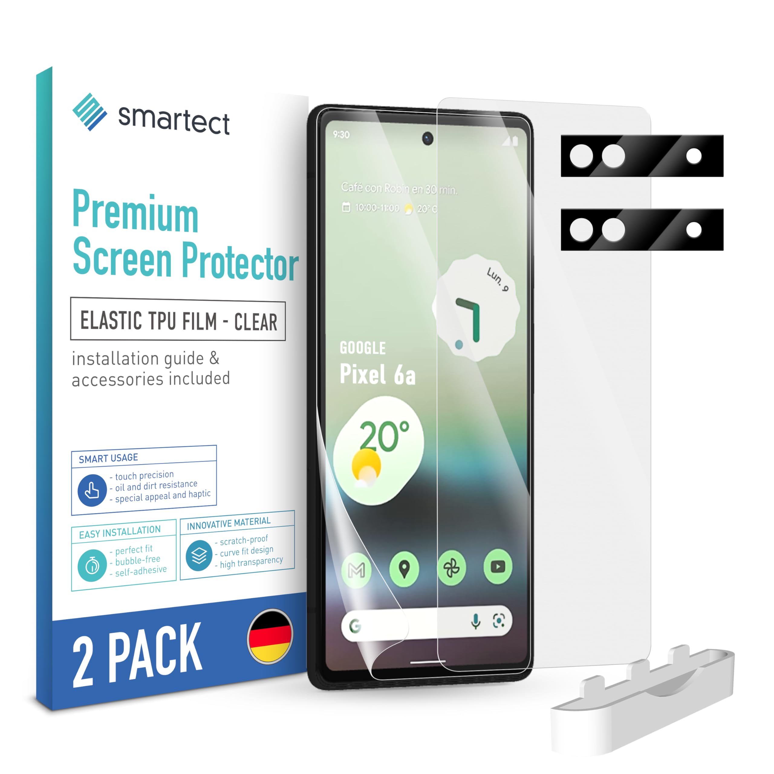 smartect TPU Screen Protector [2 + 2 Pieces] for Google Pixel 6a, Display + Camera, Covers the whole display, Protective Film bubble-free, Screen Cover Anti-Fingerprint