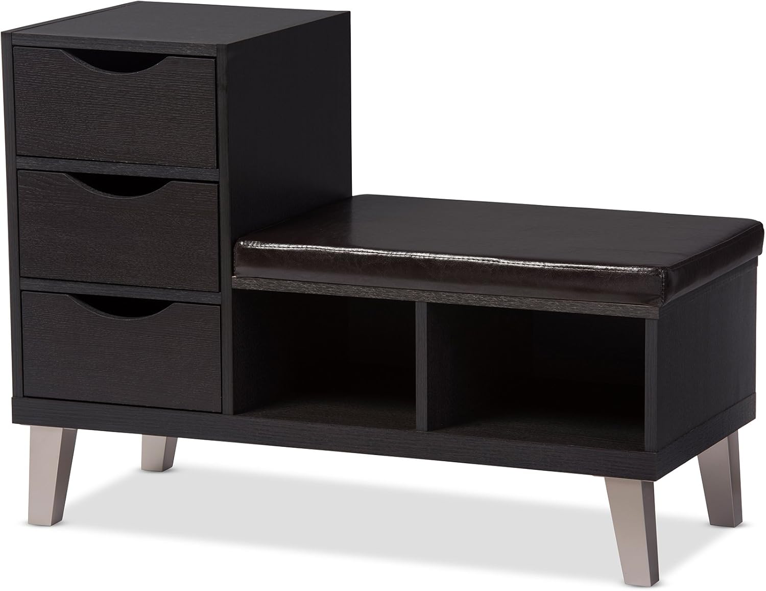 Baxton Studio Arielle Modern Contemporary Wood 3 Drawer Shoe Storage Padded Leatherette Seating Bench with Two Open Shelves, Dark Brown: Kitchen & Dining