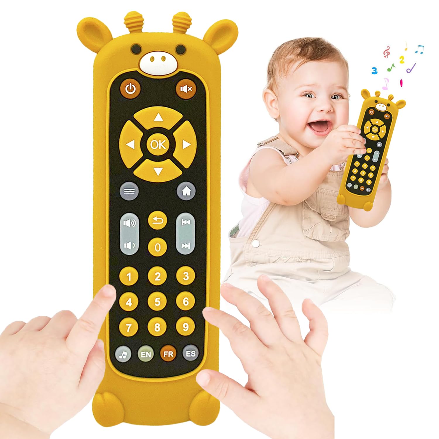 HAHAKIDZ Realistic Baby Infant Silicon Tv Remote Control Toy with Music and Light for Toddlers with Teeth Cover, Early Education with Numbers and Multi Languages for Boys and Girls (Giraffe)
