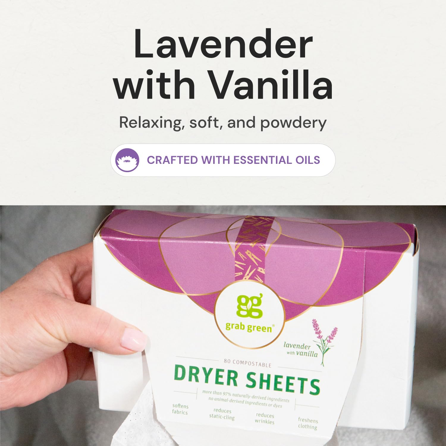 Grab Green Dryer Sheets, 160 Sheets, Lavender Vanilla Scent, Plant Based, Softens Fabrics, Reduces Static Cling and Wrinkles